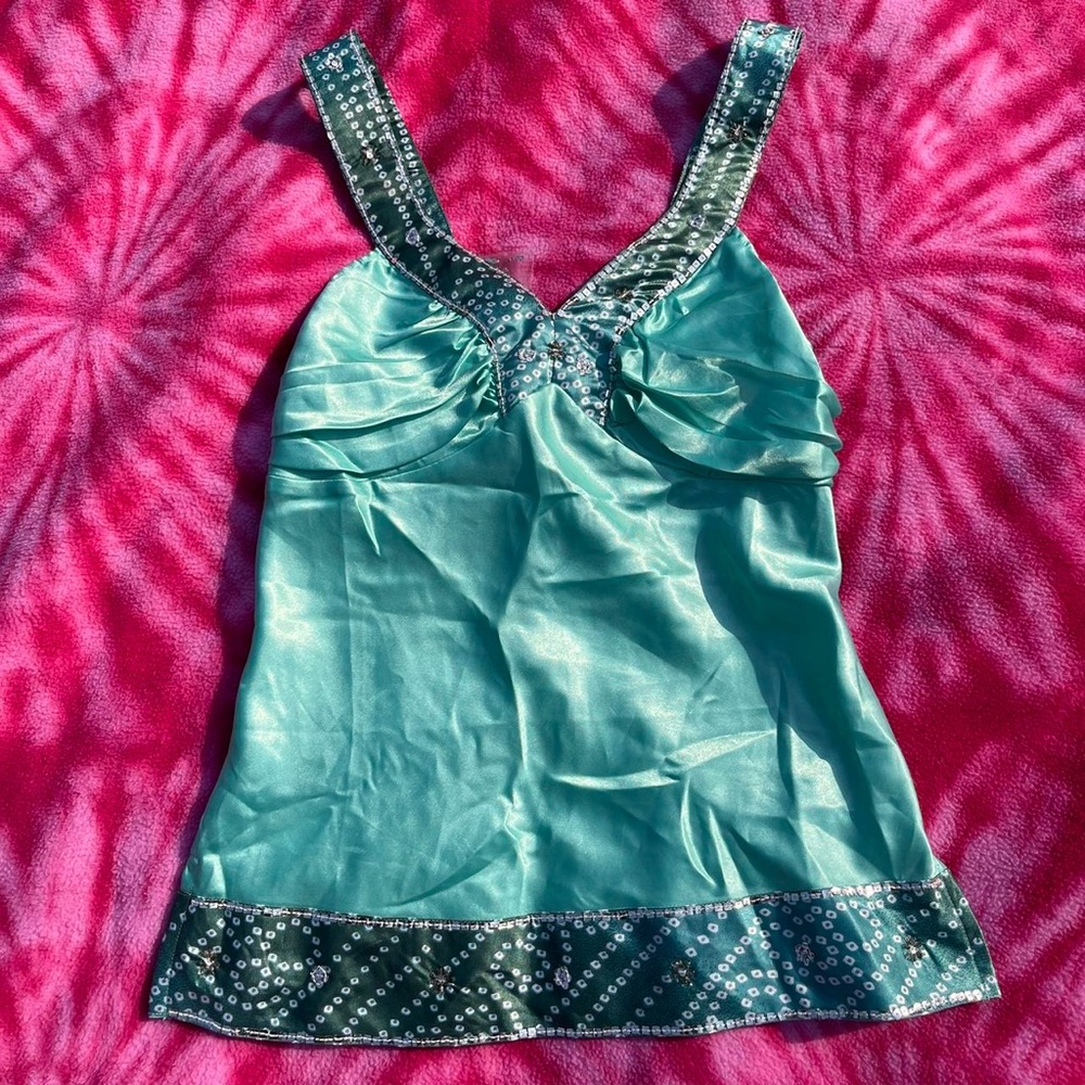 aquamarine charlotte russe silk top with sequence